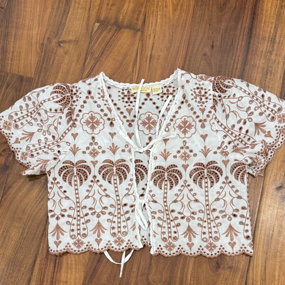 Rebellion Cream Crop Top with Brown Embroidery